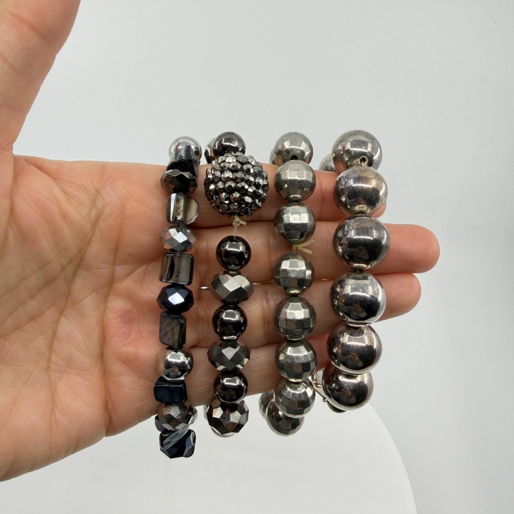 Metallic Beaded Silver Tone Bracelet Stack - Textured Layering Jewelry